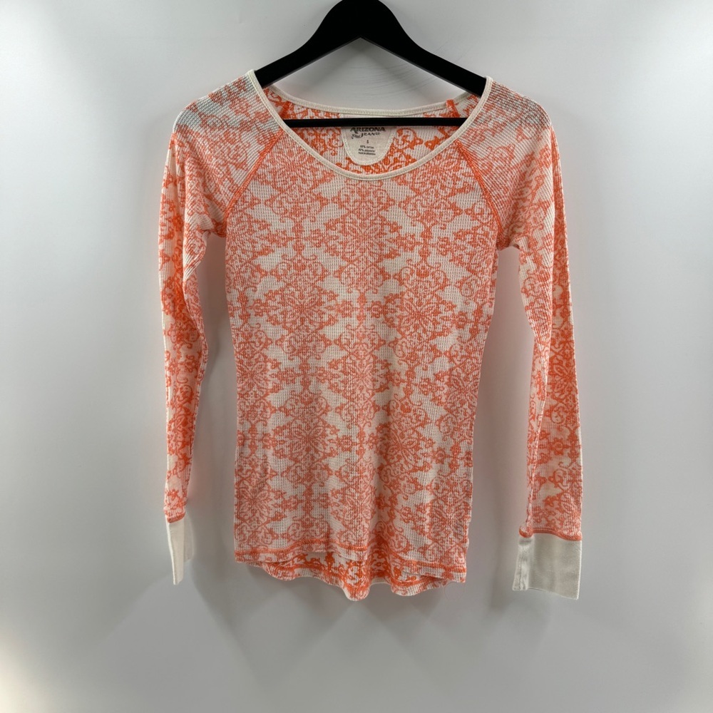 Arizona Jean Co Orange & White Patterned Long Sleeve Top (Size Small)